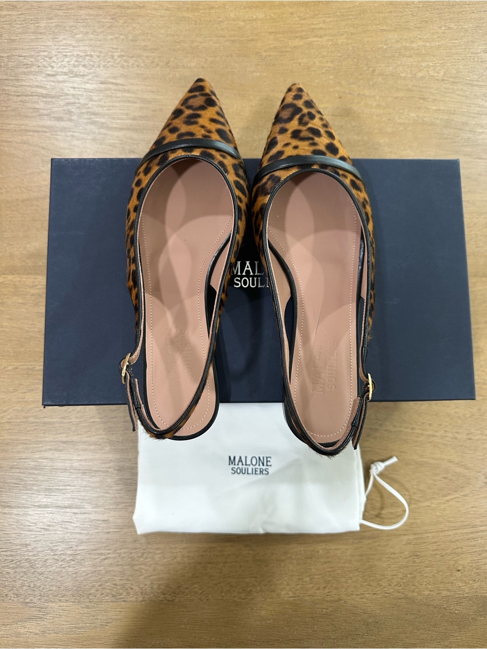 Malone Souliers Jama Leopard Print Pointed Toe Slingback Flats